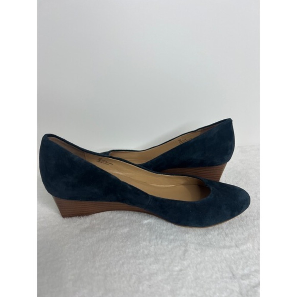 Navy Blue Suede Wedge Pumps Women 9W Genuine Leather Almond Toe Low Heel Shoes - Picture 3 of 8